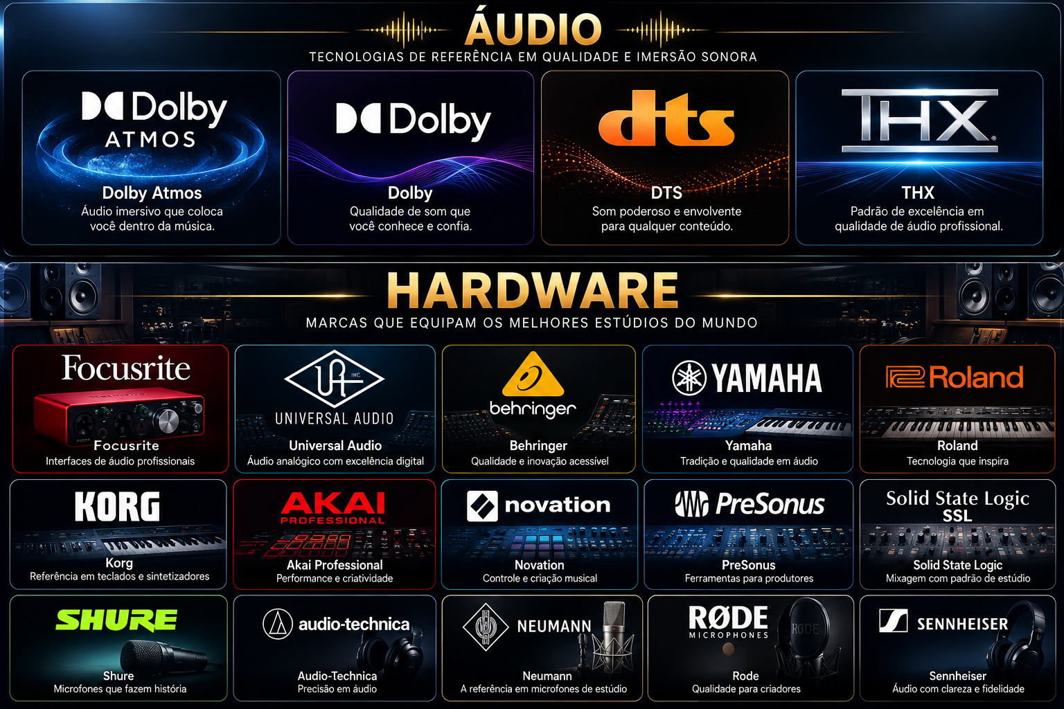 Referências de áudio profissional e hardware de estúdio